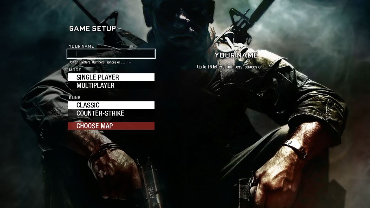vel.gg Zombies game setup with name field, single-player mode, Classic guns and Choose map