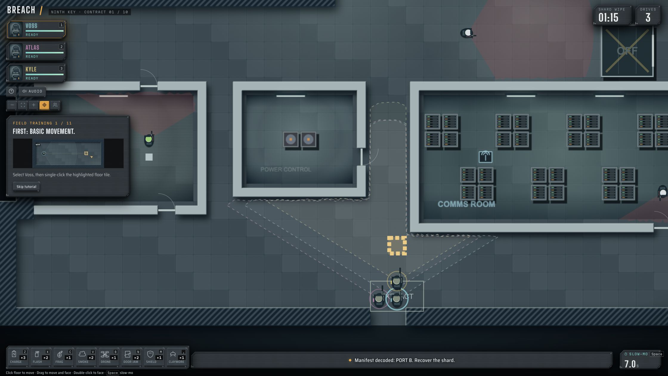 BREACH first field-training map with operator selection and a highlighted movement tile
