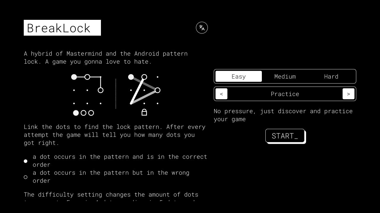BreakLock's original instructions with Easy and Practice selected and the START button