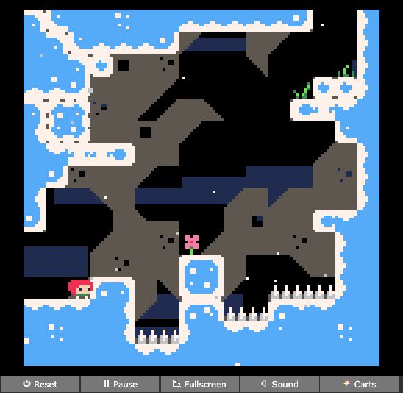 Celeste Classic first snowy room with the character on the lower-left platform after a right-arrow check