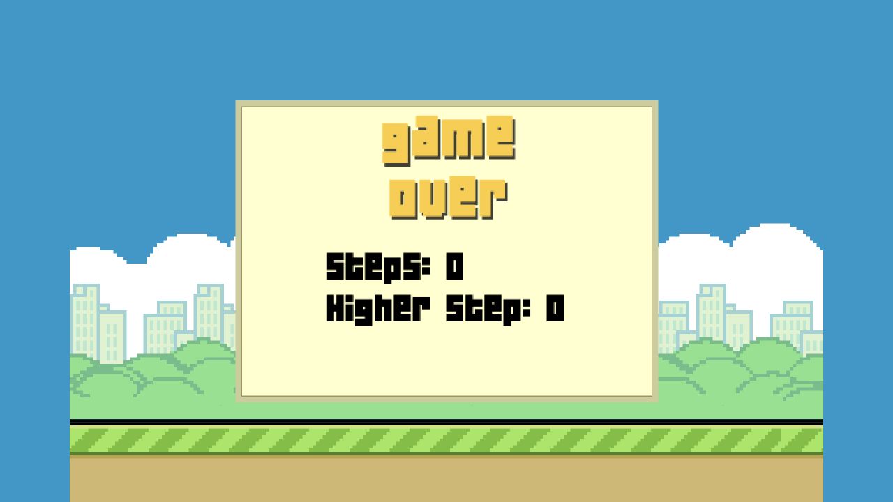 Actual Clumsy Bird Game Over screen displaying Steps 0 and Higher Step 0