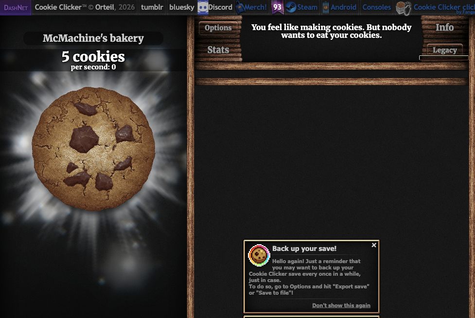 Original Cookie Clicker browser game showing five cookies, the large cookie and a backup reminder