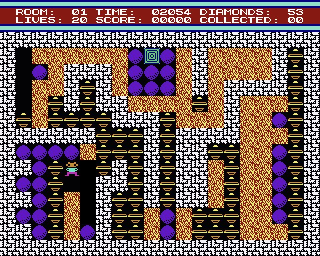 Actual Digger Room 01 after upward movement, displaying twenty lives, zero score and zero collected
