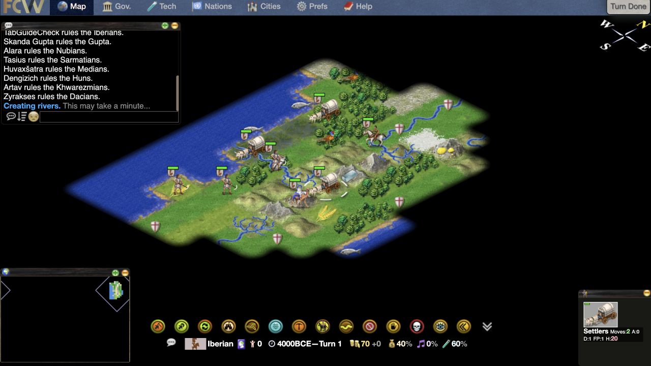 Freeciv-web single-player map at 4000 BCE Turn 1 with Iberian settlers and the Turn Done button