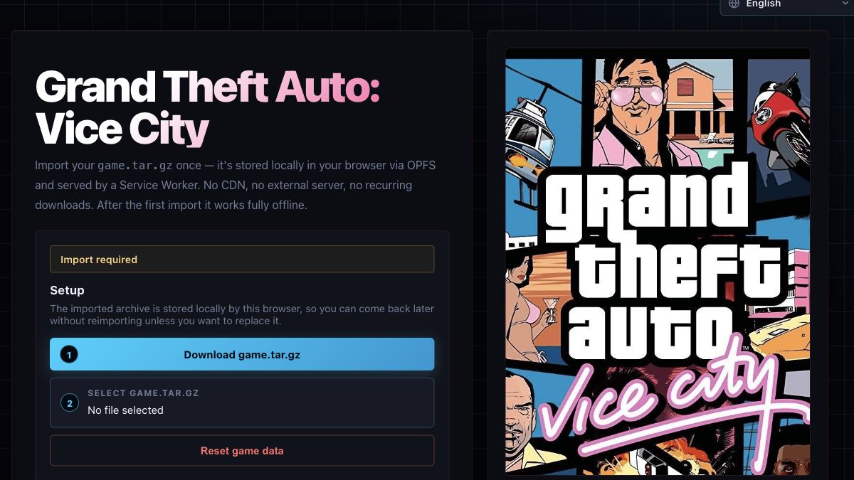 GTA Vice City browser setup showing Import required and the game.tar.gz file selector