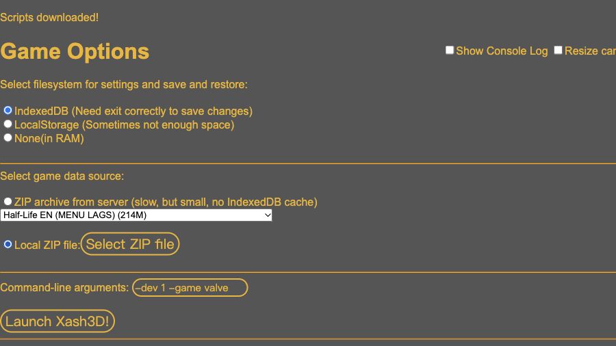 Pixelsuft Half-Life Game Options screen with filesystem, server ZIP, local ZIP and launch settings