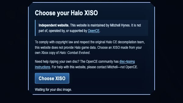 Halo browser entry asking for an XISO made from the visitor's own Xbox copy