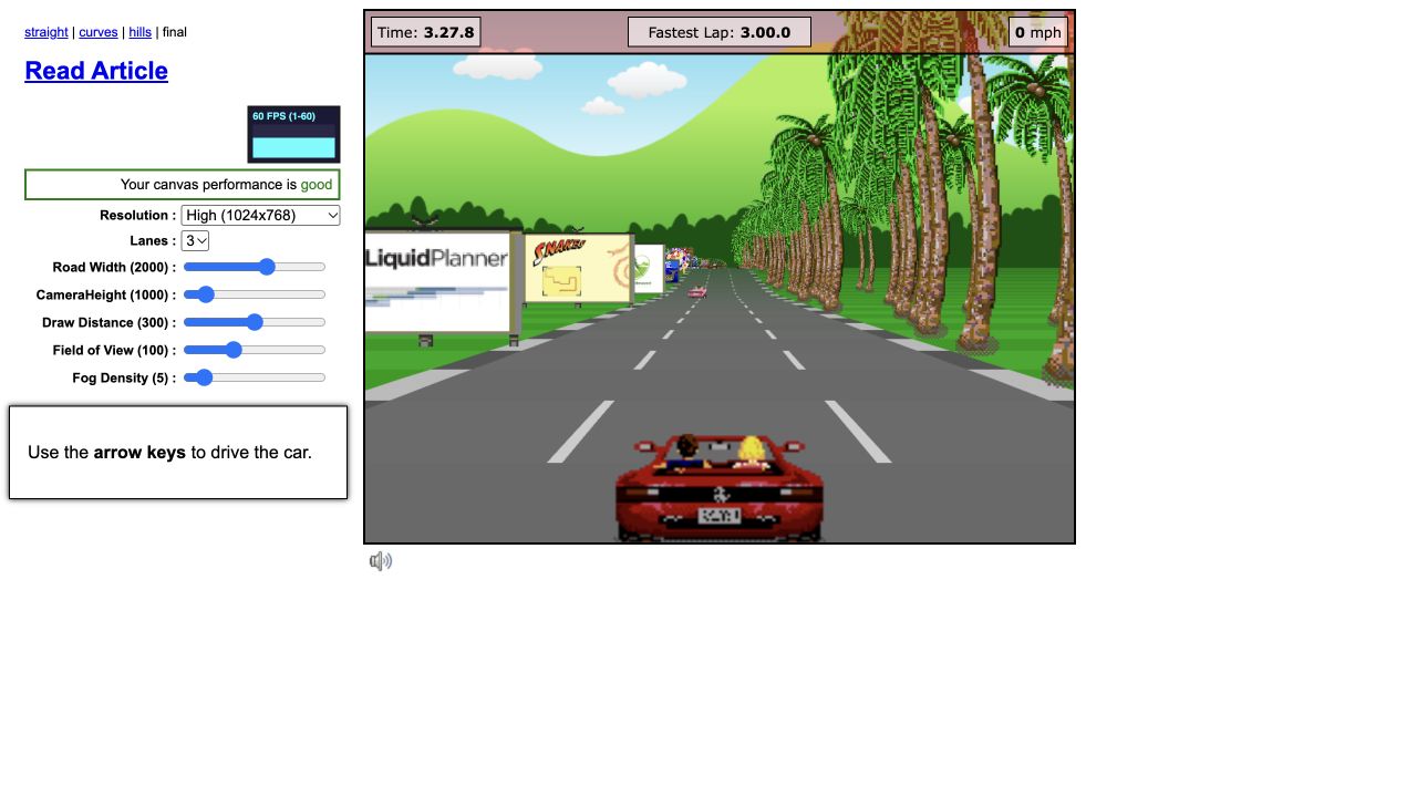 Actual JavaScript Racer final demo with a red car, road traffic, lap and speed display, and untouched tuning controls