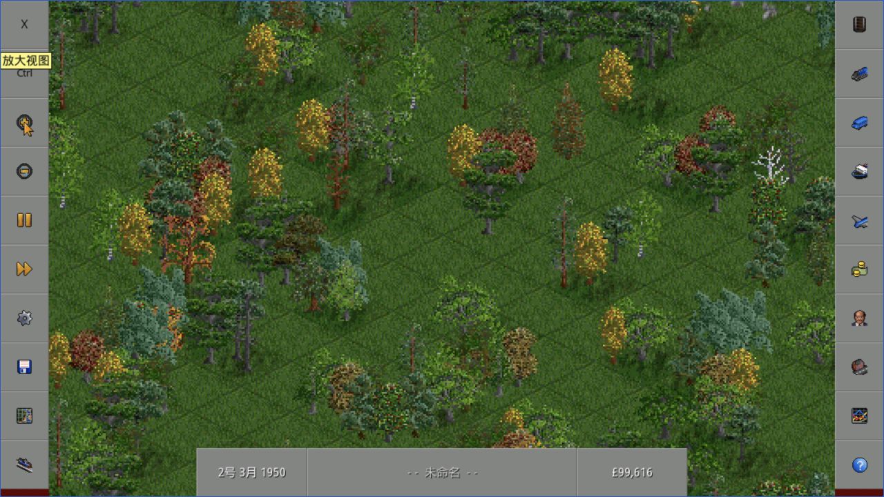 pelya's OpenTTD browser build showing a generated forest map, side toolbars and the simulation date after a zoom-in check