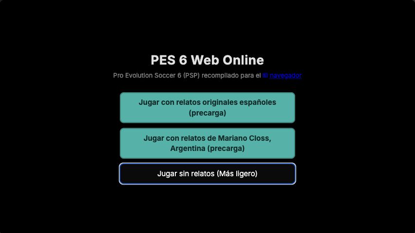 PES 6 Web Online entry offering Spanish commentary, Argentine commentary and a lighter no-commentary start