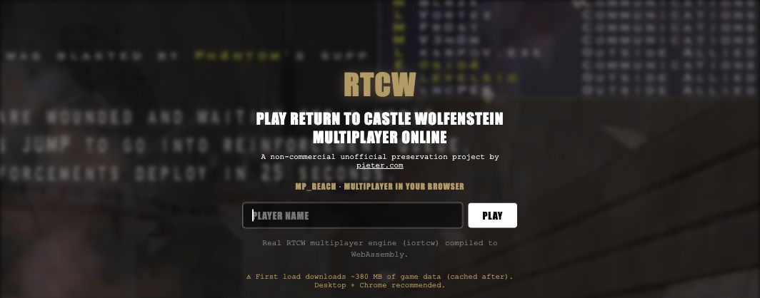 RTCW entry with player-name form and its approximately 380 MB first-load warning