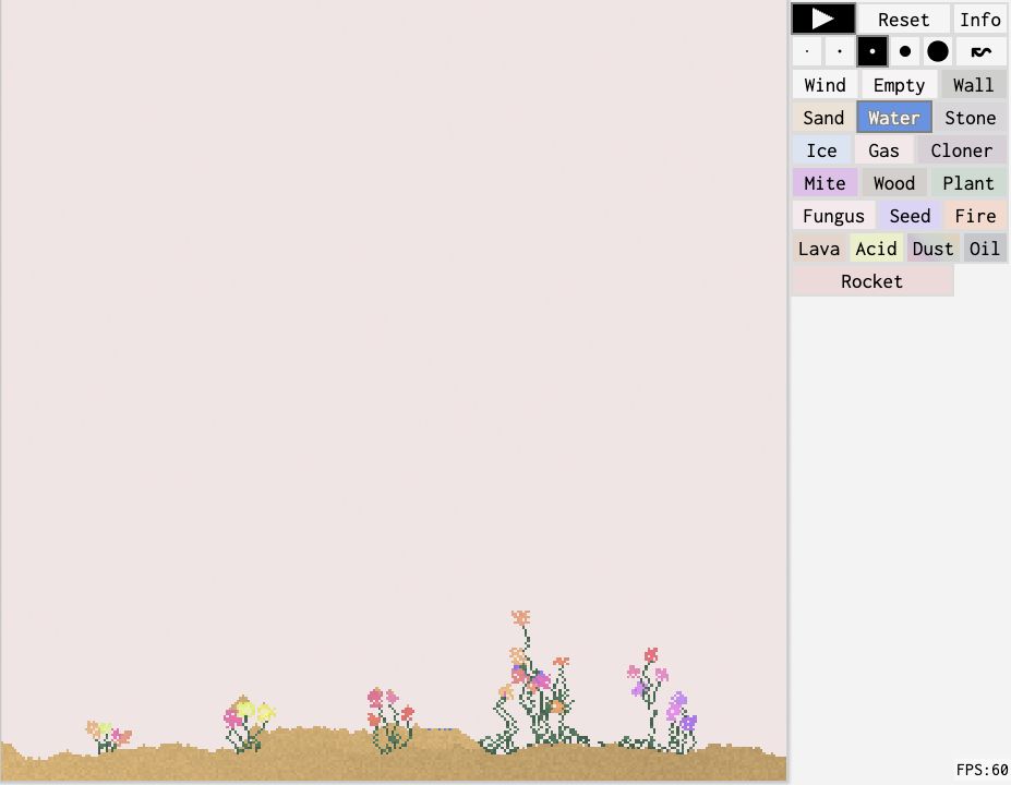 Sandspiel's actual canvas with settled sand, plants and the Water material selected beside the tool palette