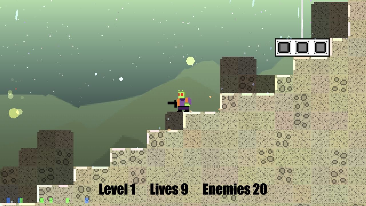 Actual Space Huggers Level 1 scene after left movement and Z shooting, displaying Lives 9 and Enemies 20