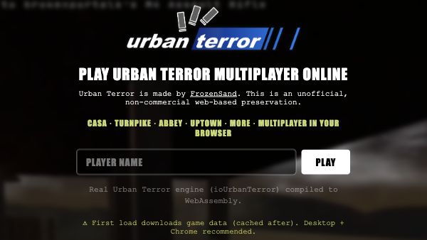 Urban Terror browser entry with player-name form, ioUrbanTerror credits and download warning