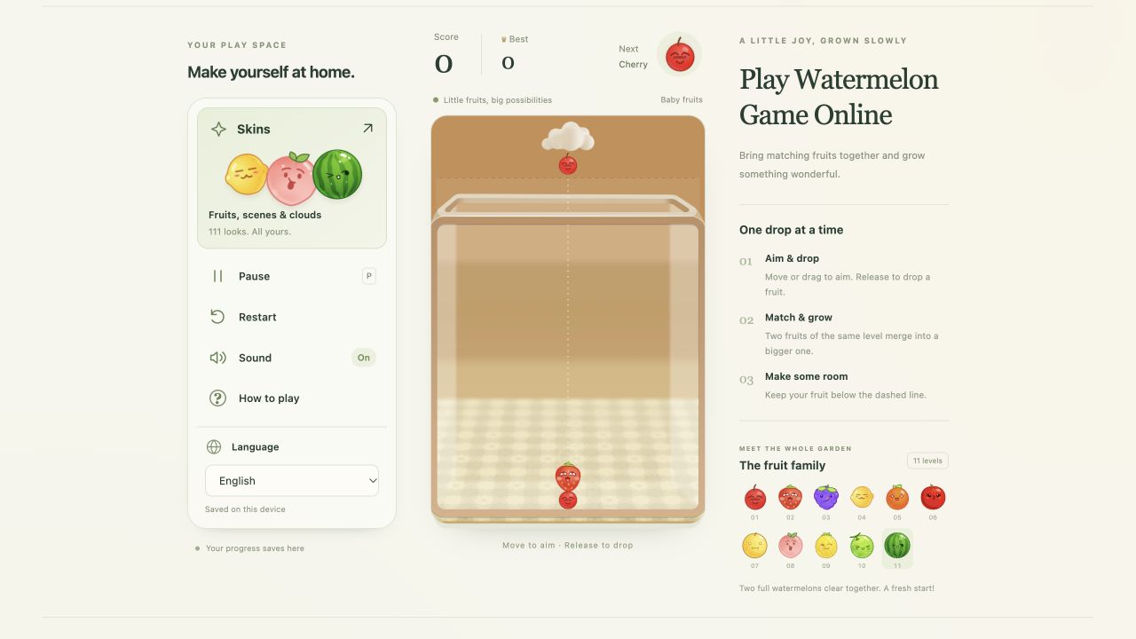 Watermelon Garden board with dropped fruit during the Watermelon Merge desktop check