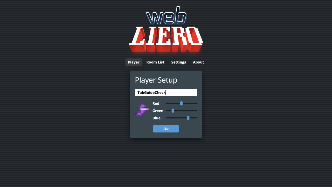 WebLiero Player Setup with the invented name TabGuideCheck, color sliders and Ok button
