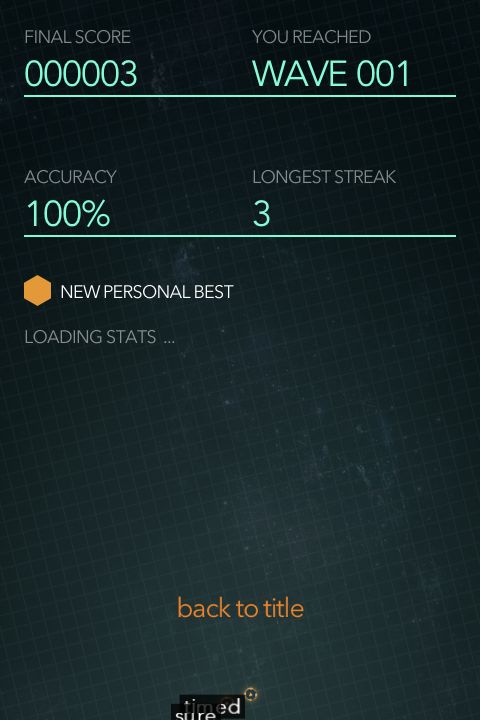 Actual ZType result showing score 3, Wave 001, displayed accuracy 100 percent and longest streak 3